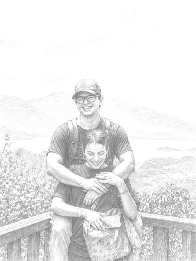 Dibujo a lápiz de Francklin abrazando a Melissa en un mirador