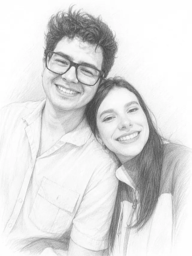Dibujo a lápiz de Francklin y Melissa sonriendo juntos